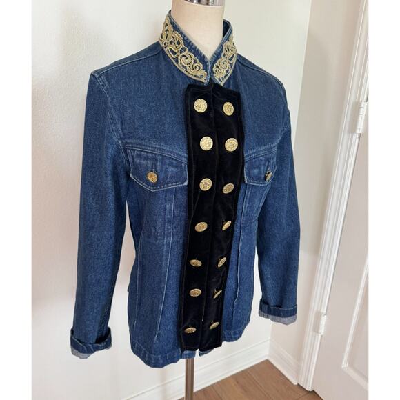 Vintage Military Style 90s Jacket Dark Jean Velvet Stefano Int. Size MED Womens - Picture 2 of 16